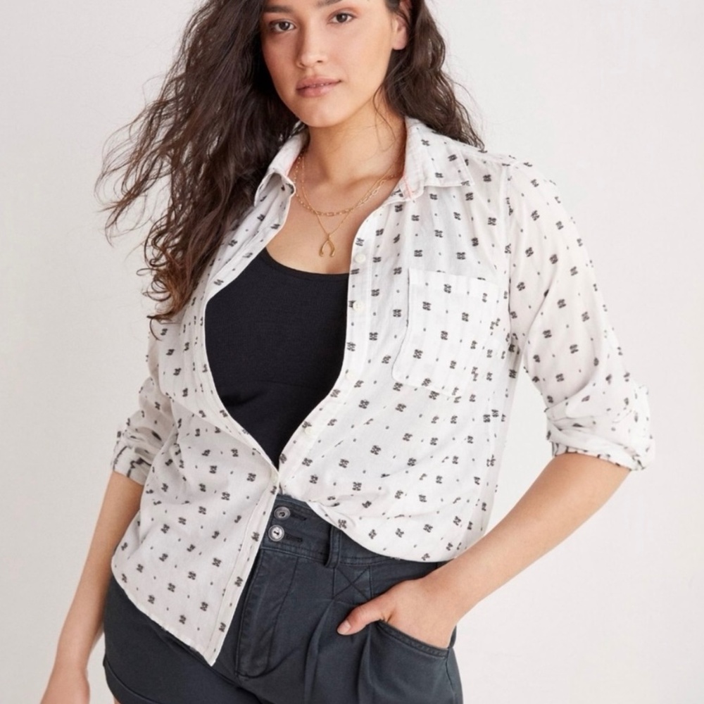 Maeve by Anthropologie Clip Dot Relaxed Button Down White Black‎ Sz 0